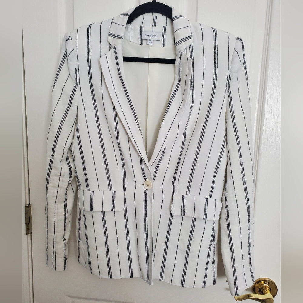 Evereve Black and White Striped Linen Blend Blazer Jacket Size XS